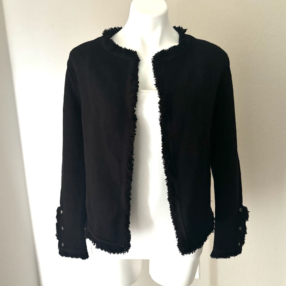 Nic+Zoe Fringe Mix Knit Black Onyx Open Textured Jacket Blazer Size Small